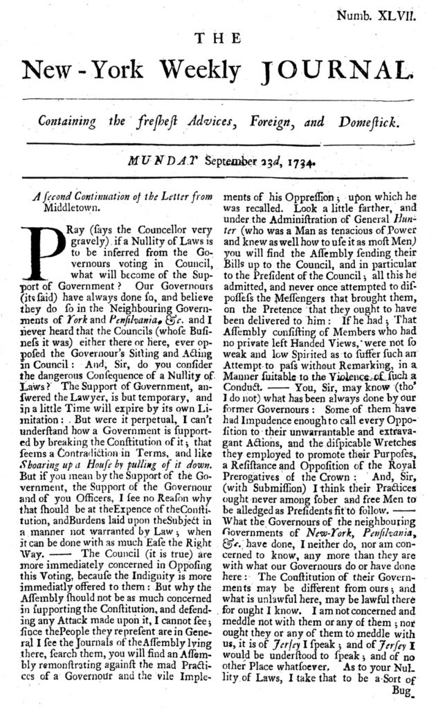 First Publication of The New York Weekly Journal